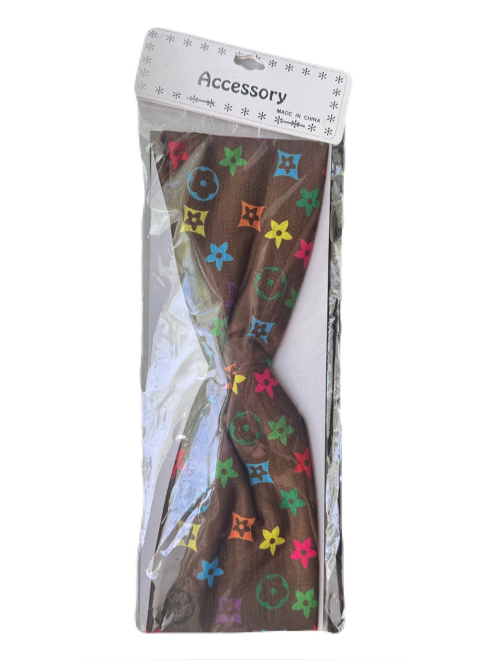 Brown Tie Headband with Multicolor Monogram